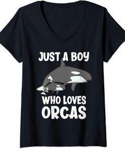 Womens Just A Boy Who Loves Orcas Funny Orca V-Neck T-Shirt