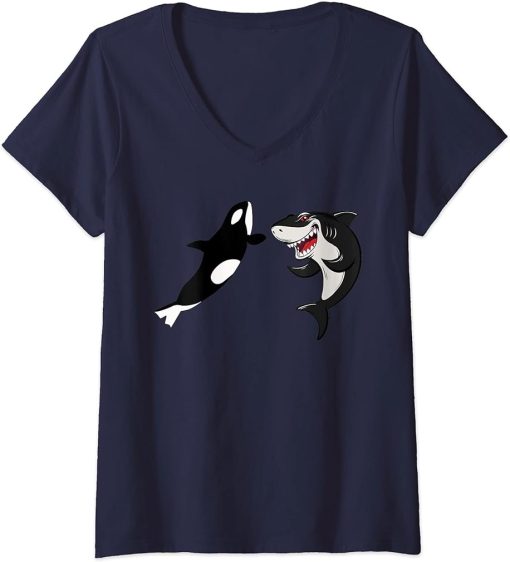 Womens Shark vs Orca Tee Funny Shark and Orca Lover Men Women kids V-Neck T-Shirt