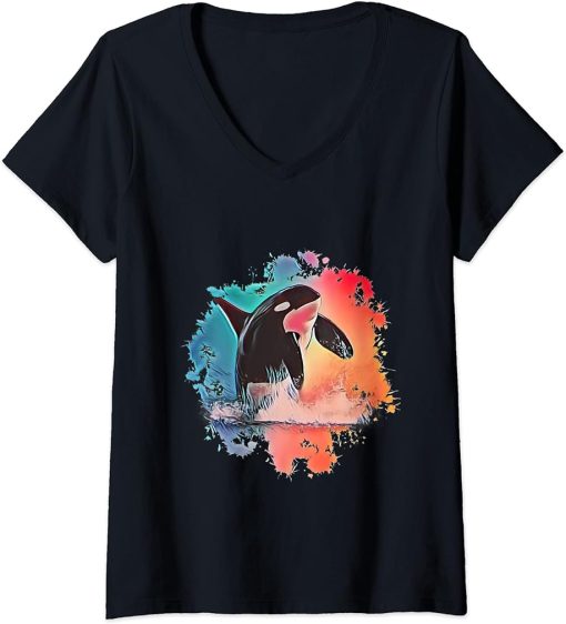 Womens Orca Motif Whale Ocean Predator Design Orcas V-Neck T-Shirt