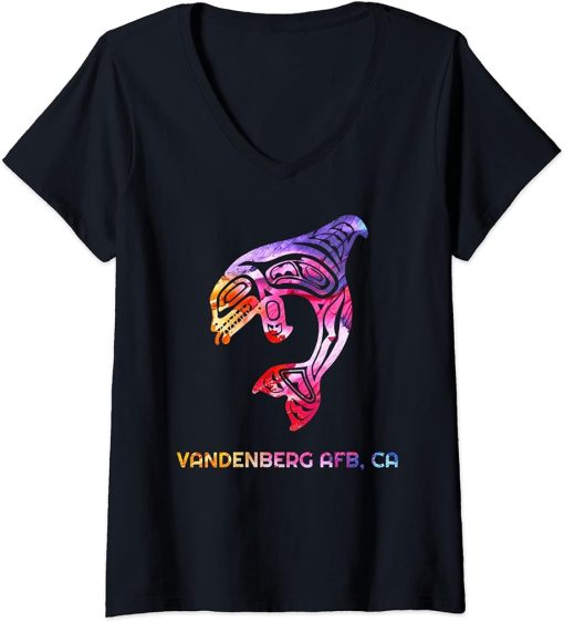 Womens Tribal Vandenberg AFB CA Orca Killer Whale Native American V-Neck T-Shirt